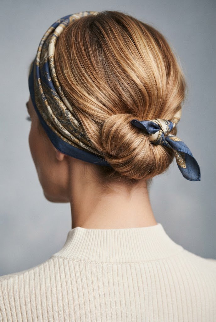 The Knotted Silk Scarf Roll — easy short hair updos style outfit