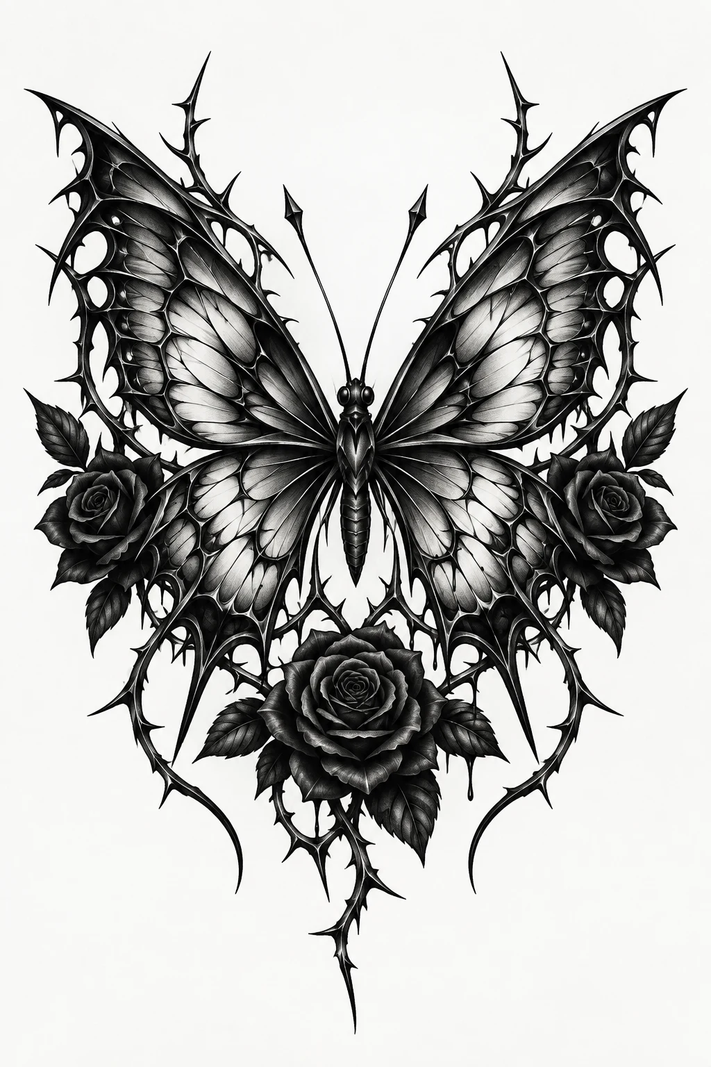 Thorny Butterfly With Black Roses — edgy butterfly tattoo style outfit