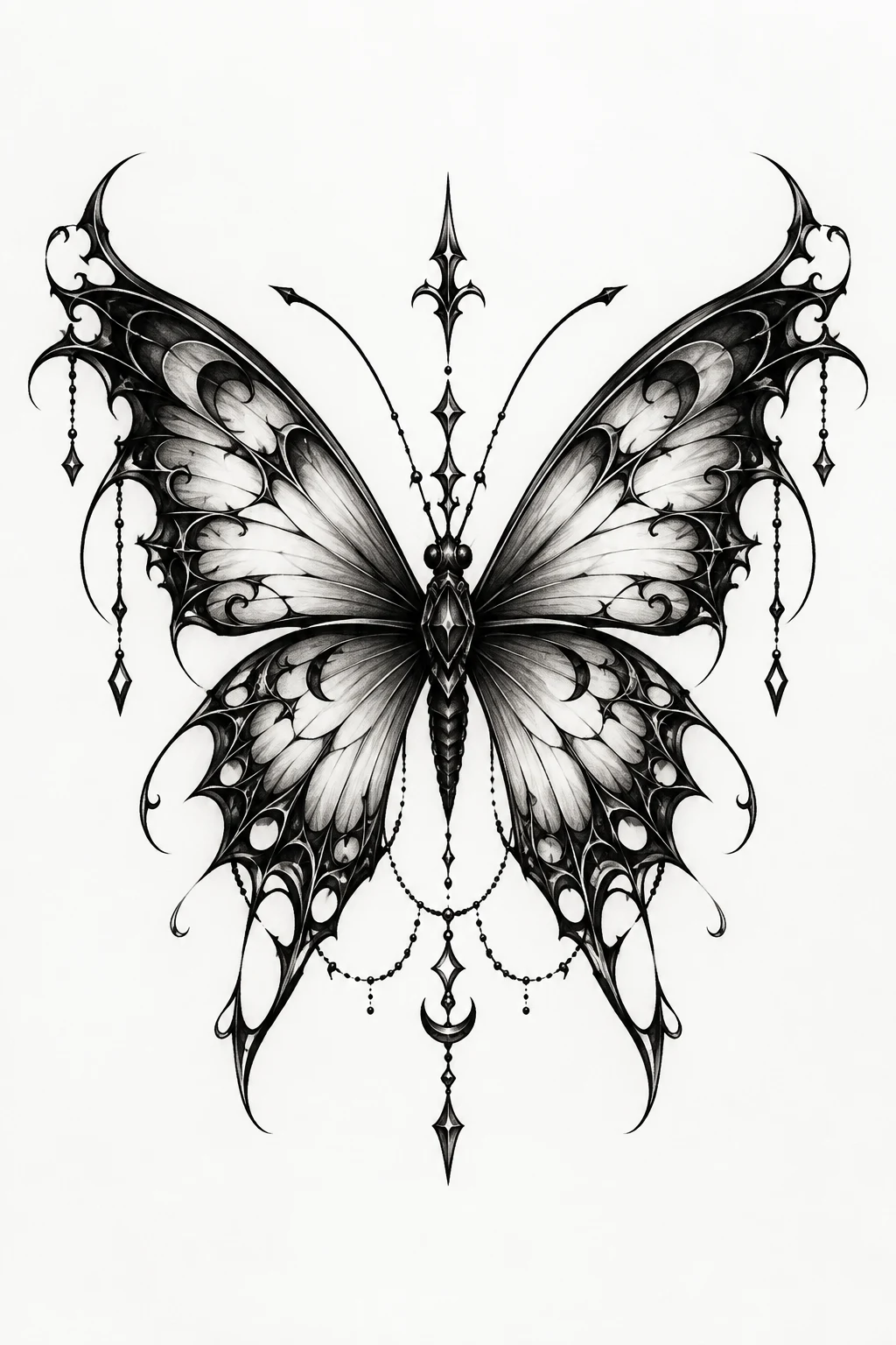 Gothic Butterfly With Ornamental Details — edgy butterfly tattoo style outfit