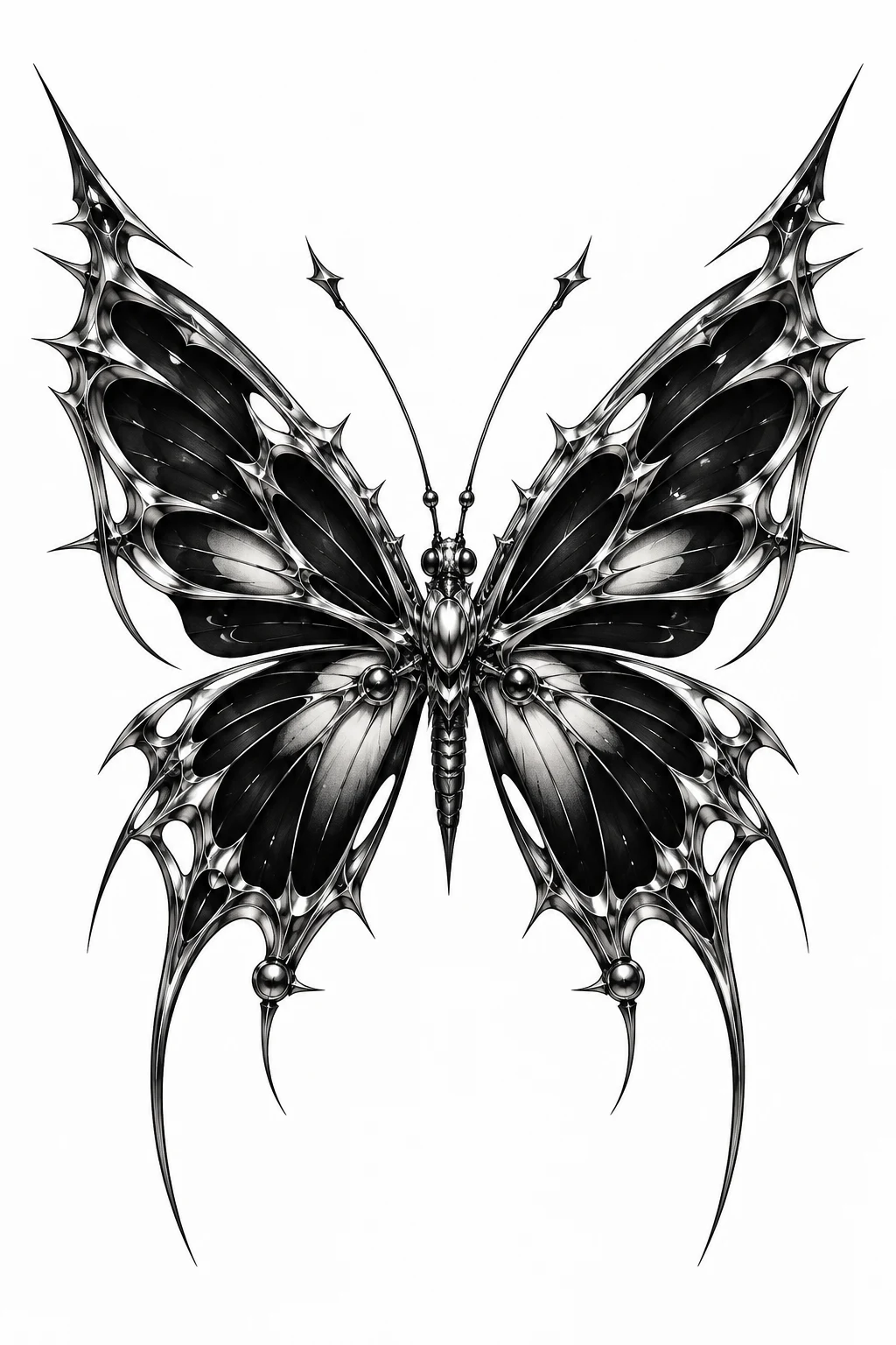 Cyberpunk Butterfly in Chrome and Black — edgy butterfly tattoo style outfit