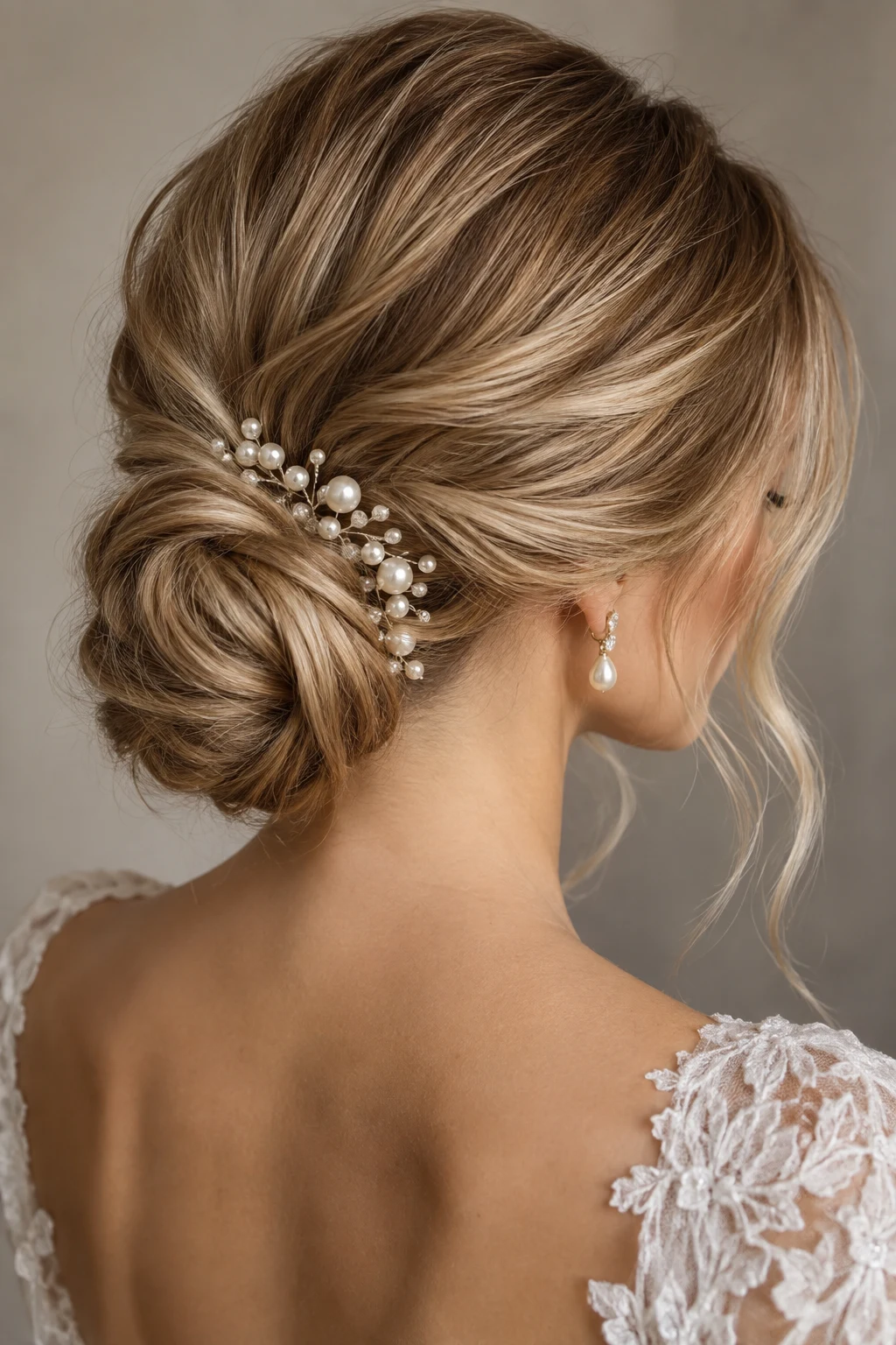 Low Pearl Chignon — elegant bridal hairstyles style outfit