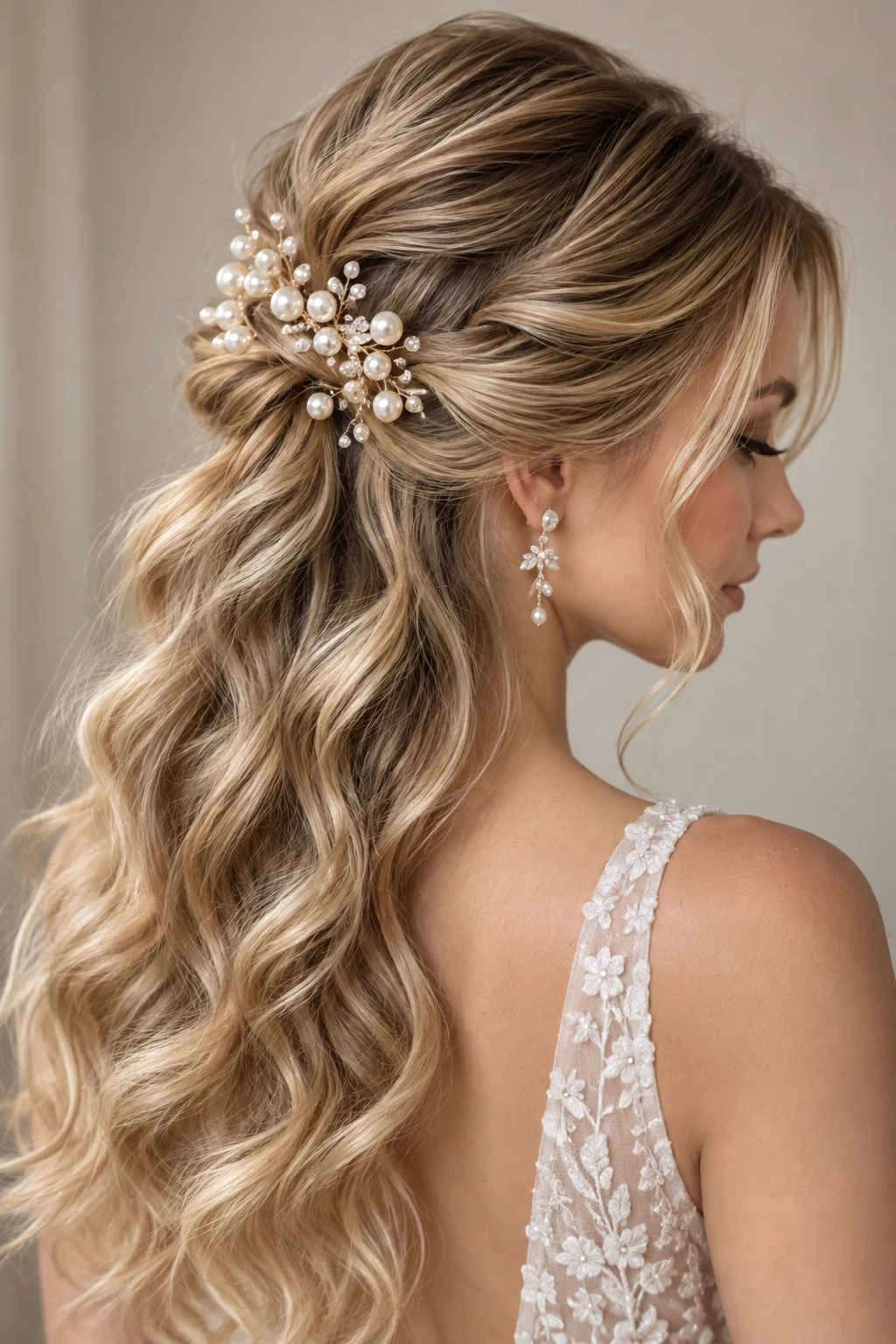 Elegant Half-Up Pearl Waves — elegant bridal hairstyles style outfit