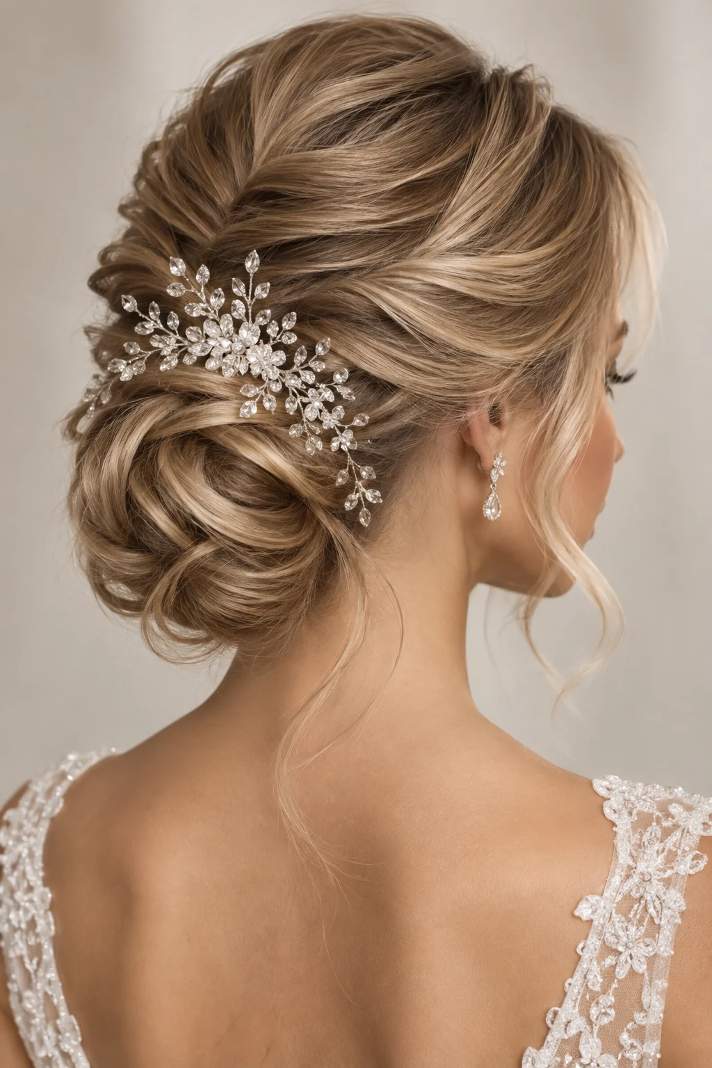 Refined Bridal Updo With Crystal Comb — elegant bridal hairstyles style outfit