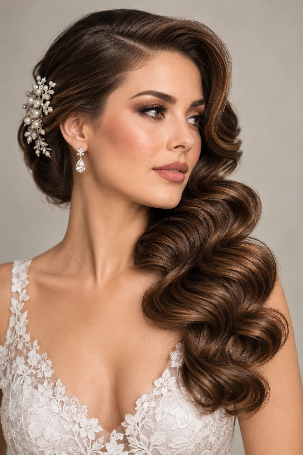 Old-Hollywood Side Sweep — elegant bridal hairstyles style outfit