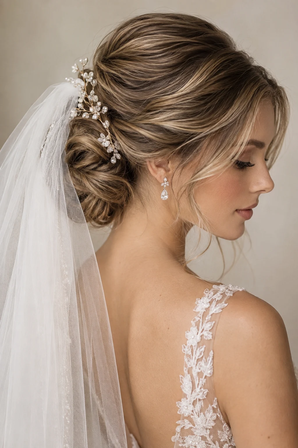 Soft Veiled Updo — elegant bridal hairstyles style outfit