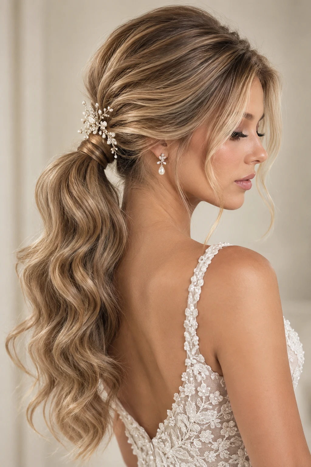 Chic Low Ponytail With Waves — elegant bridal hairstyles style outfit