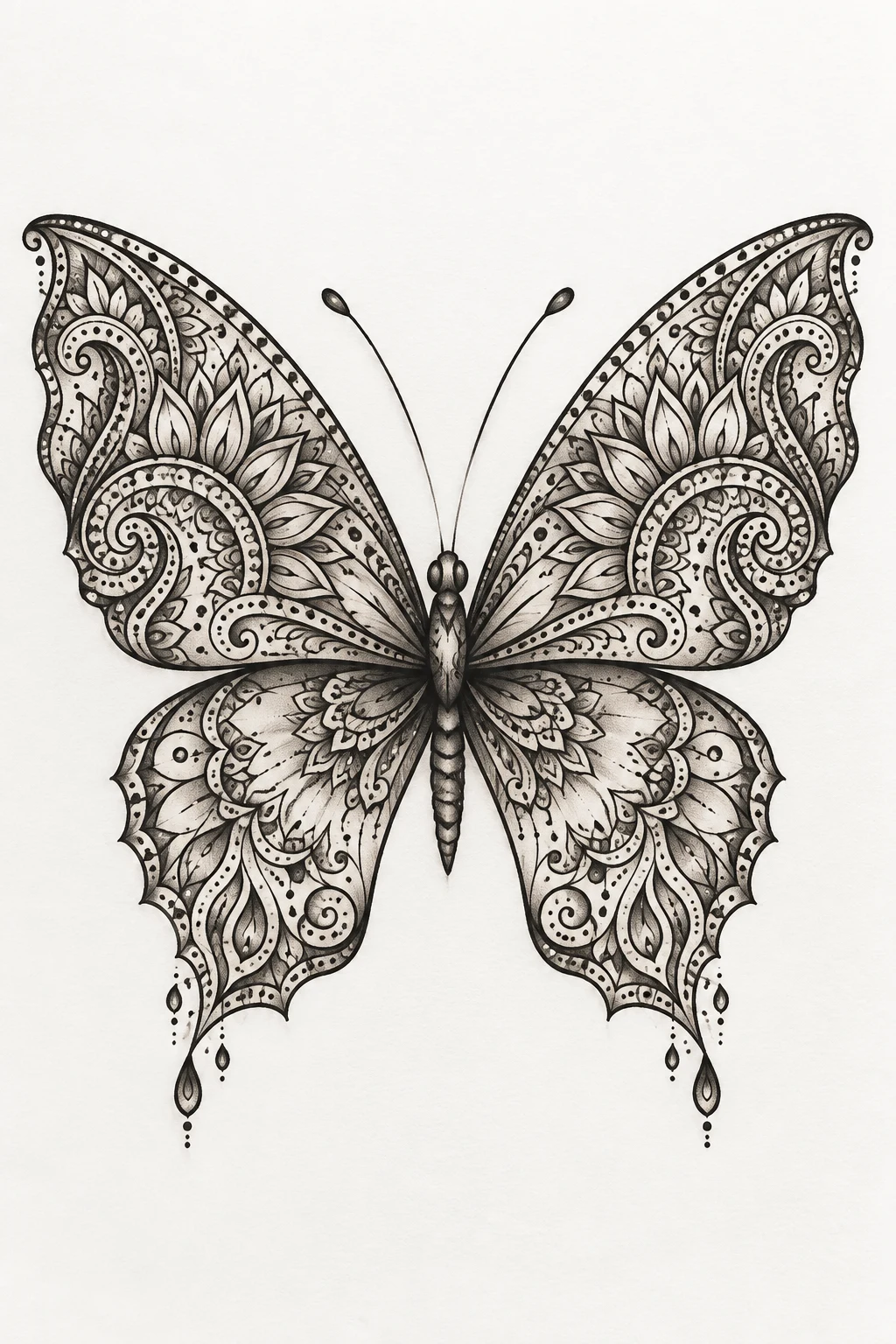 Butterfly With Mehndi-Inspired Wings — elegant butterfly tattoo style outfit