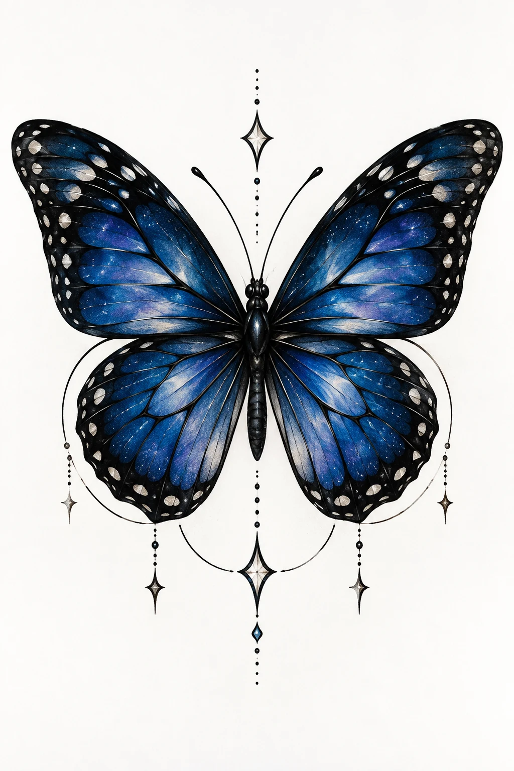 Midnight Blue Monarch — elegant butterfly tattoo style outfit