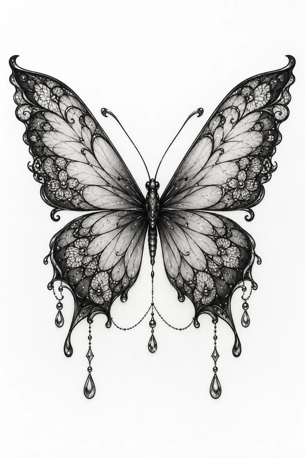 Black-and-Gray Lace Wings — elegant butterfly tattoo style outfit