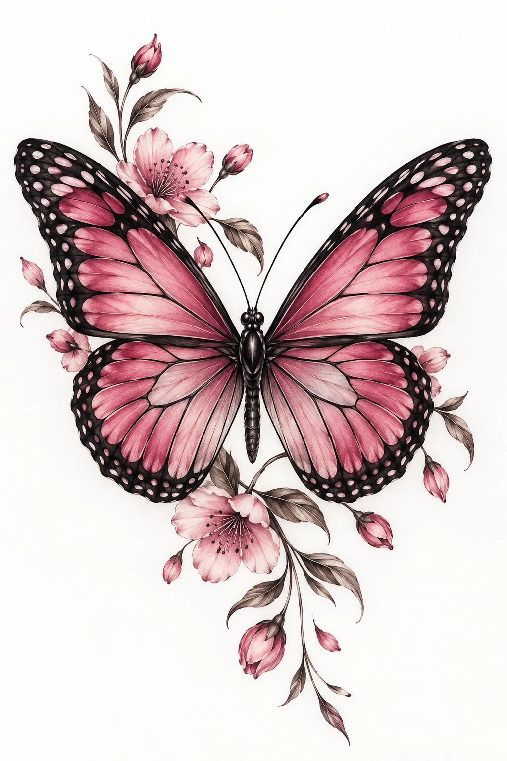 Rose-Pink Monarch — elegant butterfly tattoo style outfit