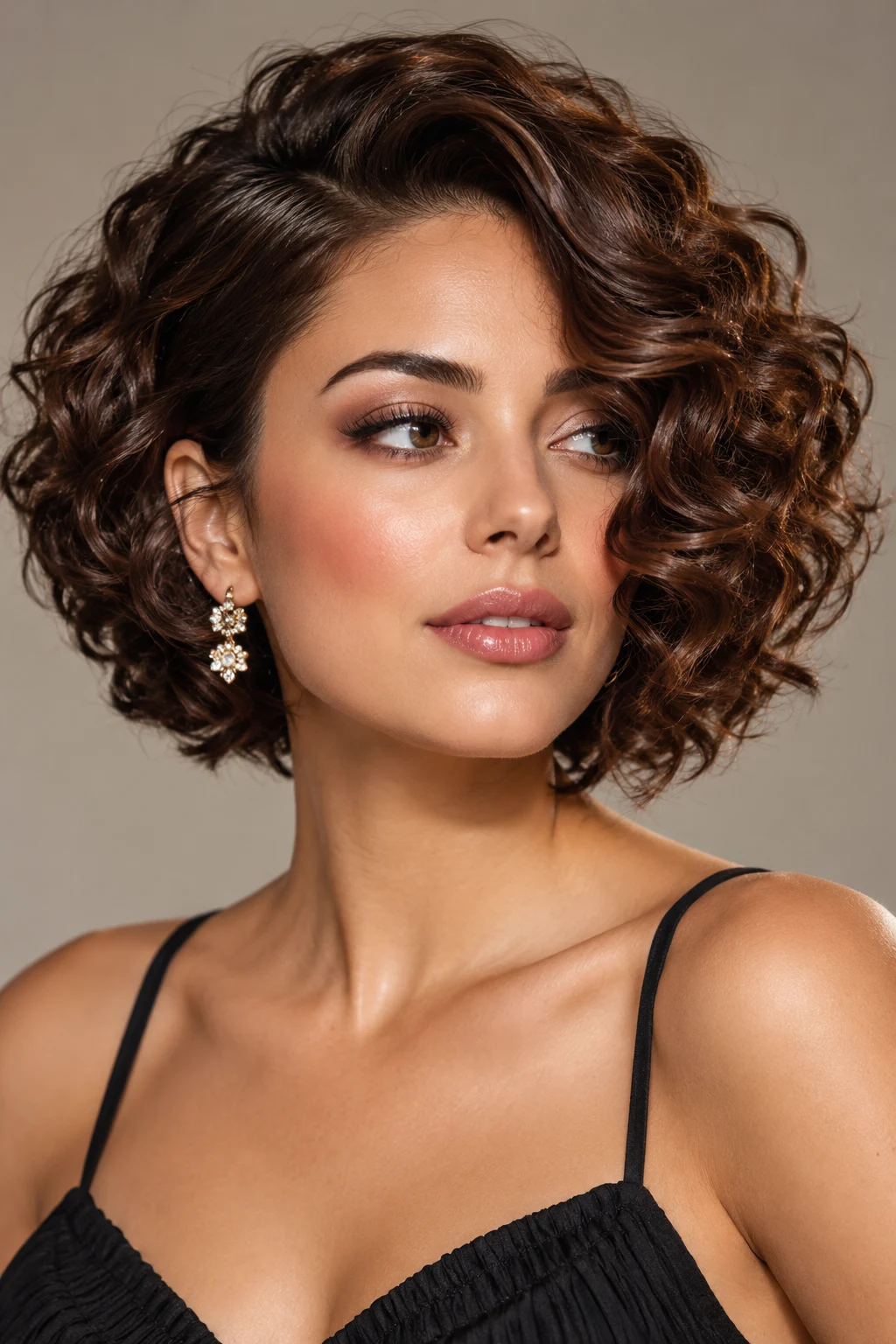 Glossy Side-Parted Curly Bob — elegant hairstyles for short curly hair style outfit