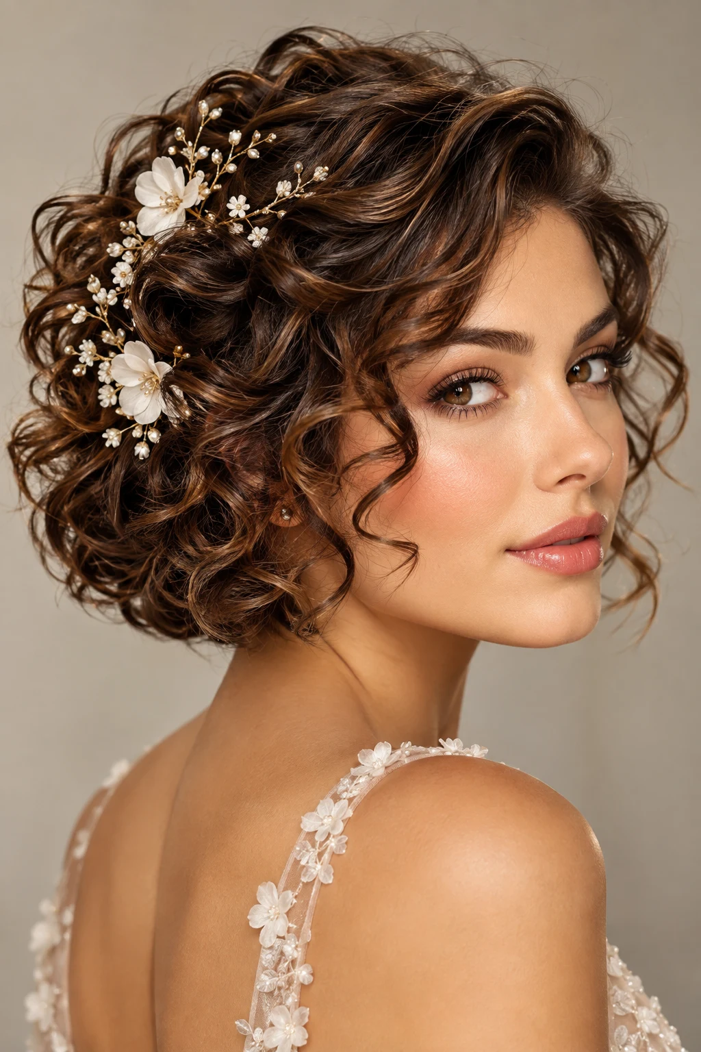 Romantic Floral Curly Bob — elegant hairstyles for short curly hair style outfit