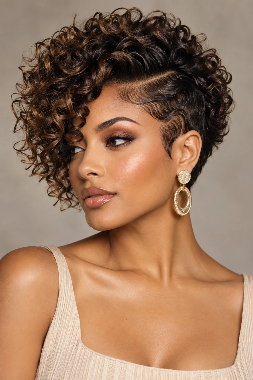 Deep Side-Part Curly Faux Hawk — elegant hairstyles for short curly hair style outfit