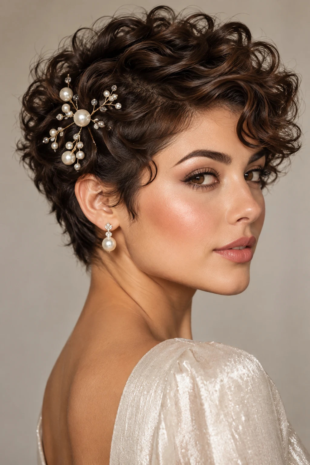 Pearl-Pinned Curly Pixie — elegant hairstyles for short curly hair style outfit