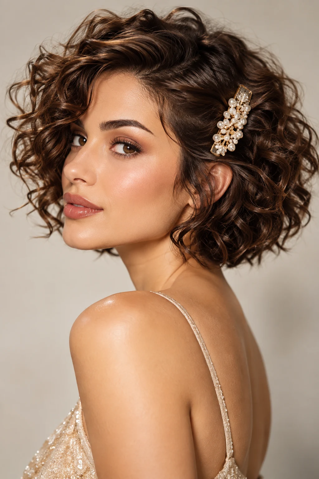 Champagne Clip Curly Bob — elegant hairstyles for short curly hair style outfit