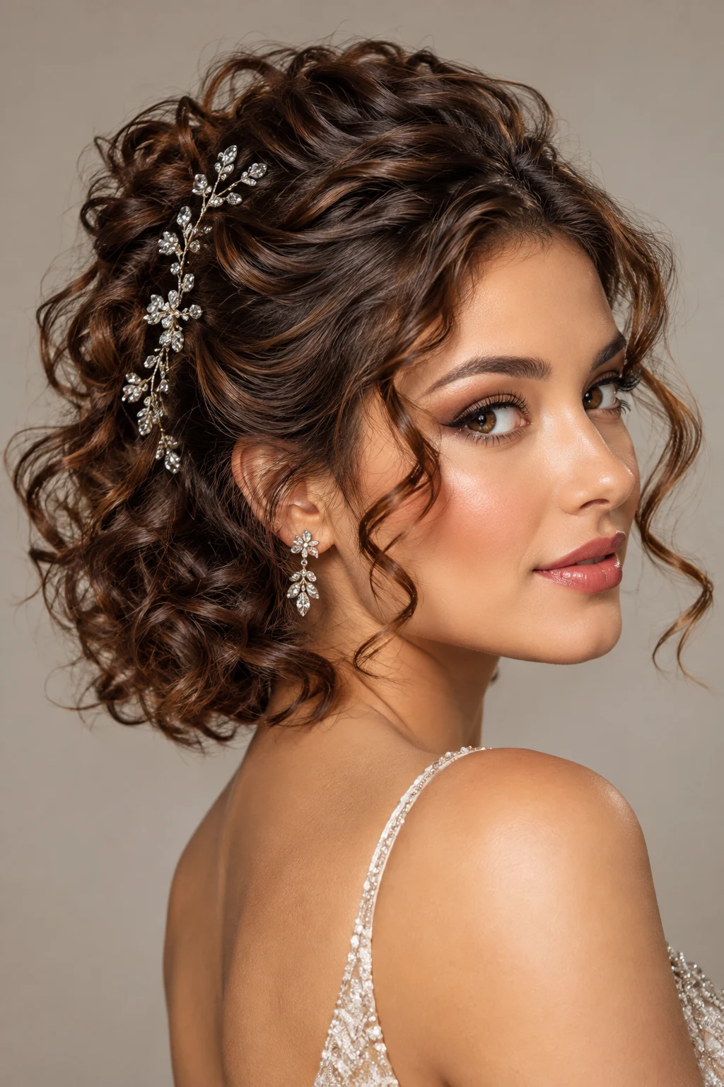 Half-Up Crystal Curly Style — elegant hairstyles for short curly hair style outfit