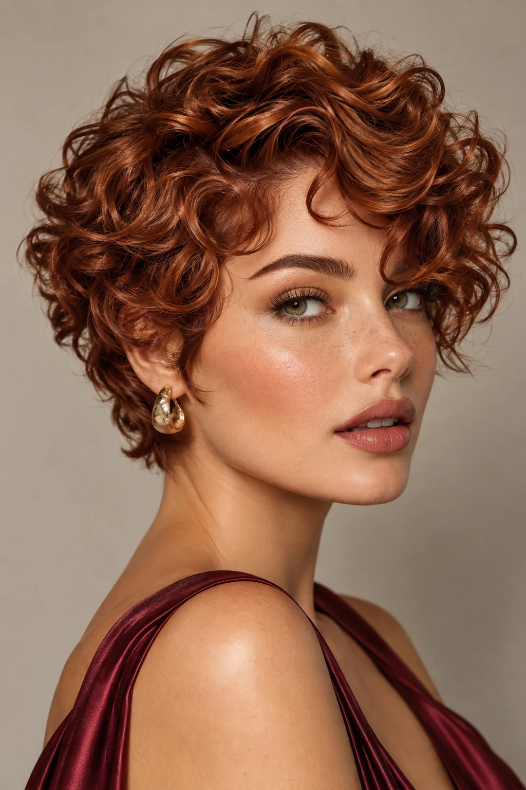 Sculpted Auburn Curly Crop — elegant hairstyles for short curly hair style outfit
