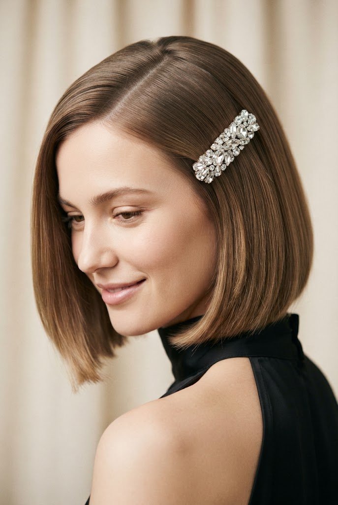The Glossy Beveled Bob with Crystal Barrette — Elegant party hairstyles for short hair style outfit