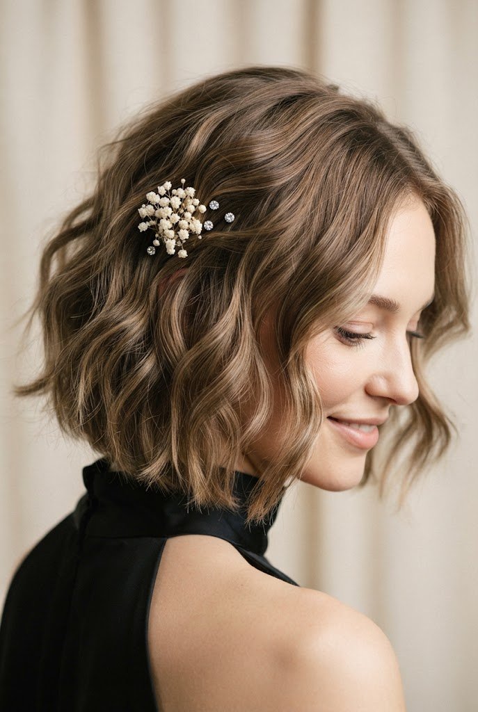 Romantic Textured Waves for Cocktail Hour — Elegant party hairstyles for short hair style outfit