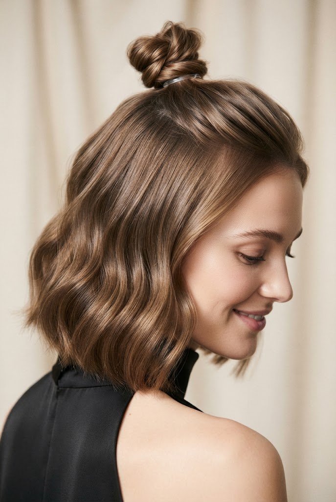The Half-Up Mini Top Knot for Lobs — Elegant party hairstyles for short hair style outfit