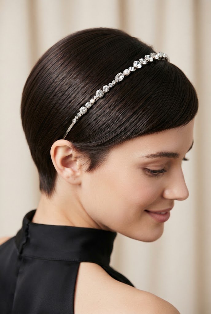 Sleek Pixie with a Jeweled Headband — Elegant party hairstyles for short hair style outfit