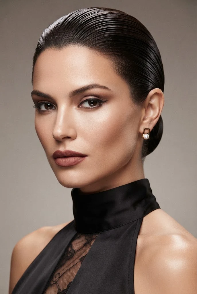 The Slicked-Back Wet-Look Slick — evening hairstyles for short hair style outfit