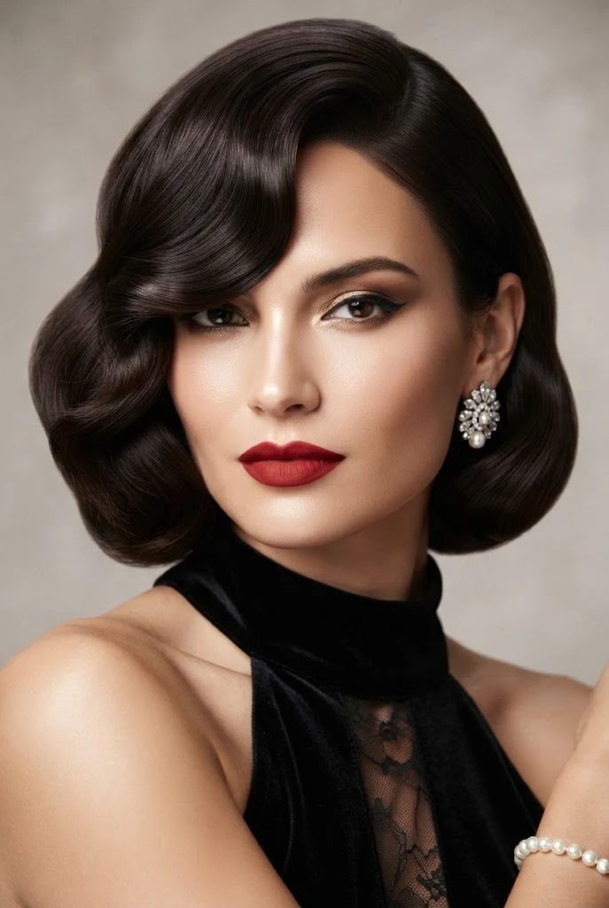 The Deep-Side-Part Hollywood Glam Bob — evening hairstyles for short hair style outfit