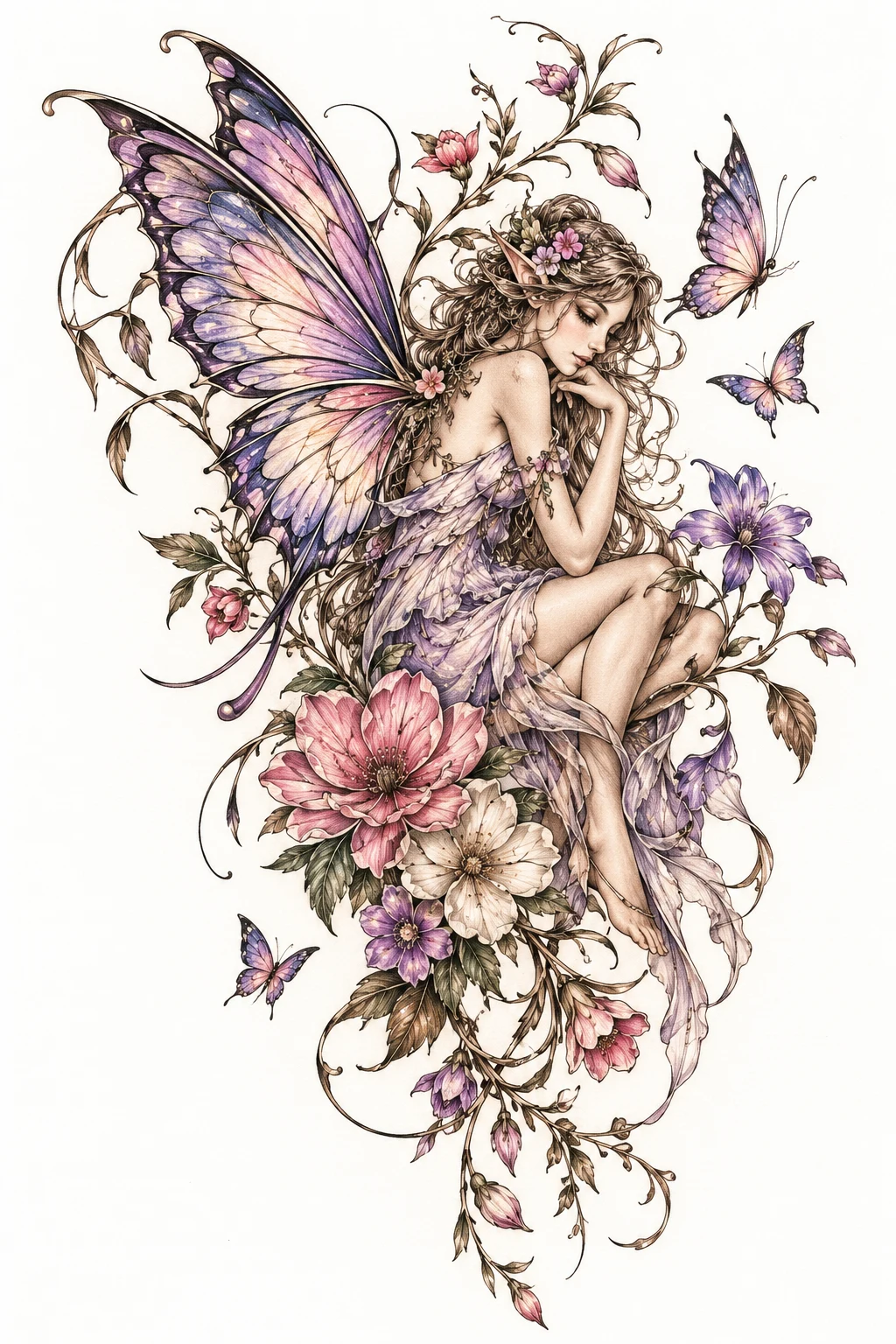 Fairy and Butterfly With Birth Flowers — fairy butterfly tattoo style outfit