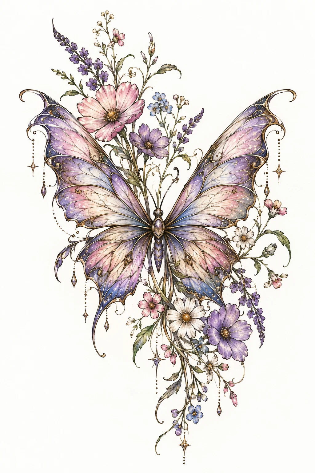 Fairy-Like Butterfly Tattoo With Wildflowers — fairy butterfly tattoo style outfit