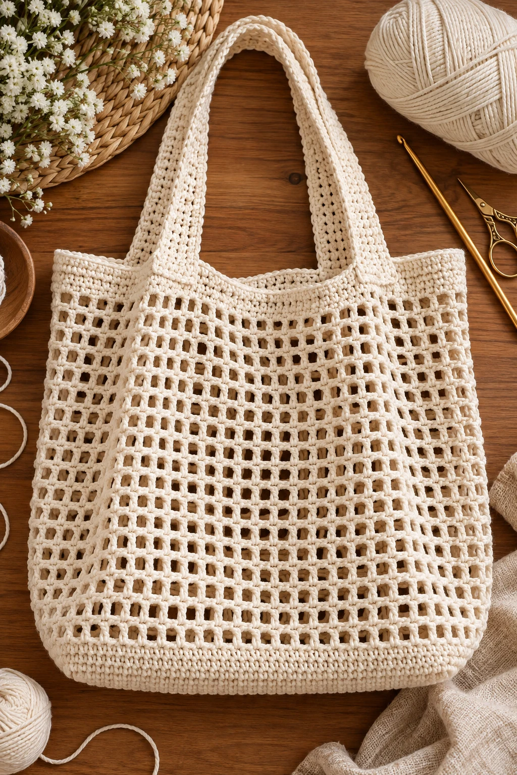 Classic Cream Mesh Tote — filet crochet bag style outfit
