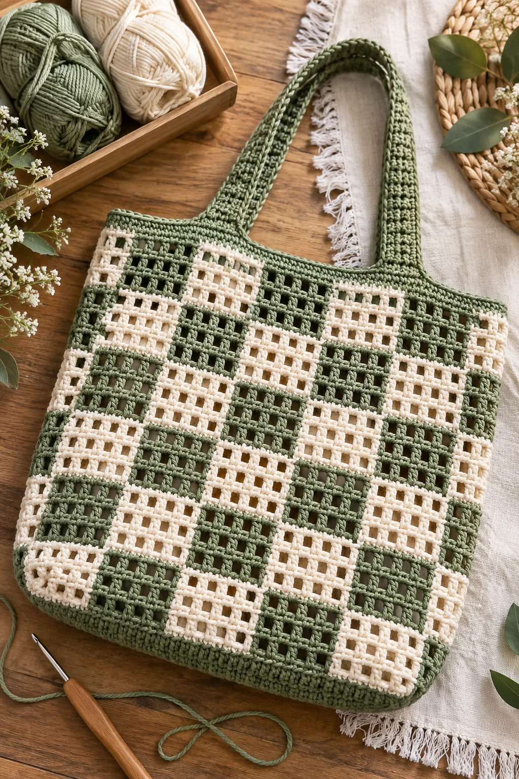 Filet Crochet Bag With a Checkerboard Pattern — filet crochet bag style outfit