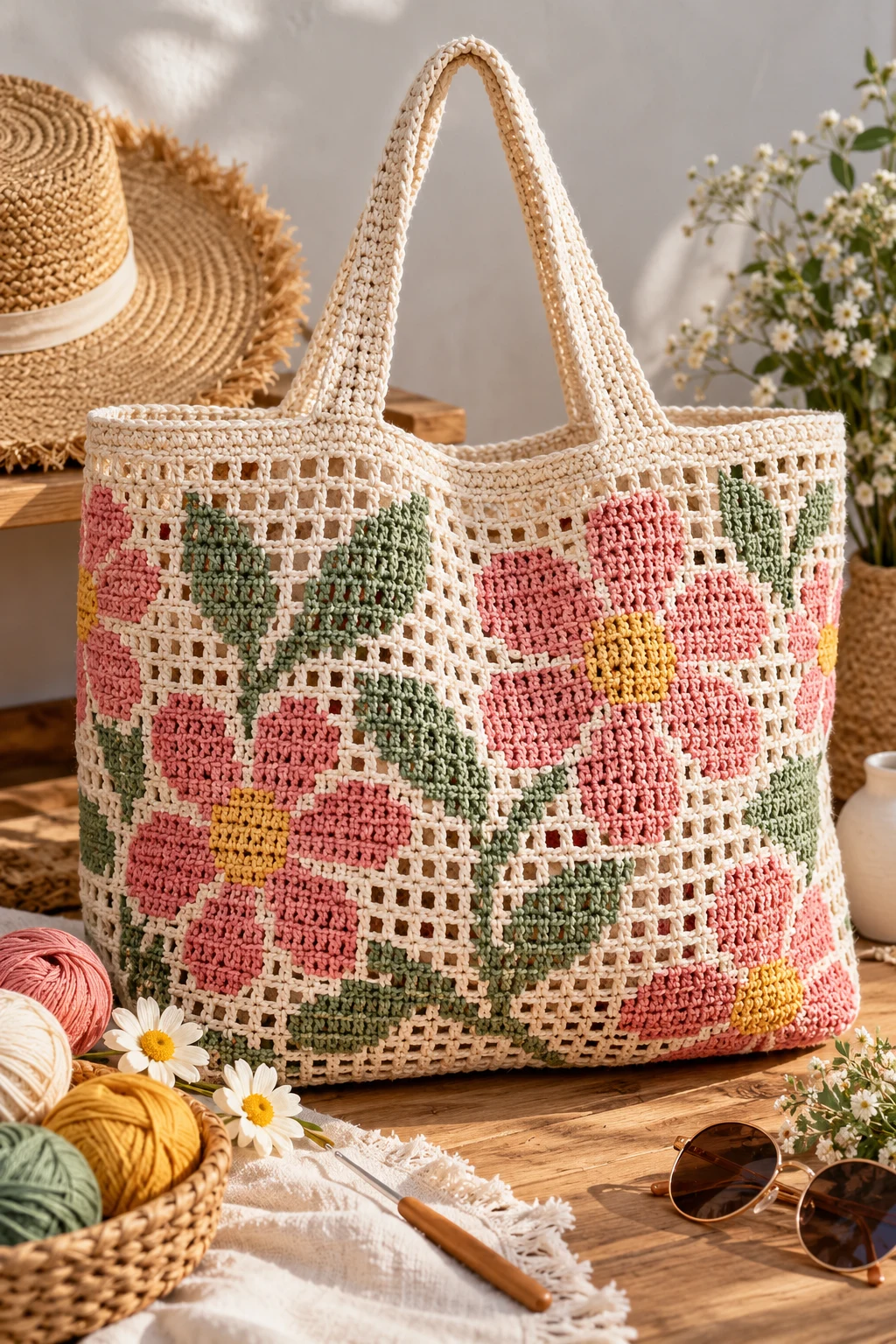 Oversized Floral Beach Tote — filet crochet bag style outfit