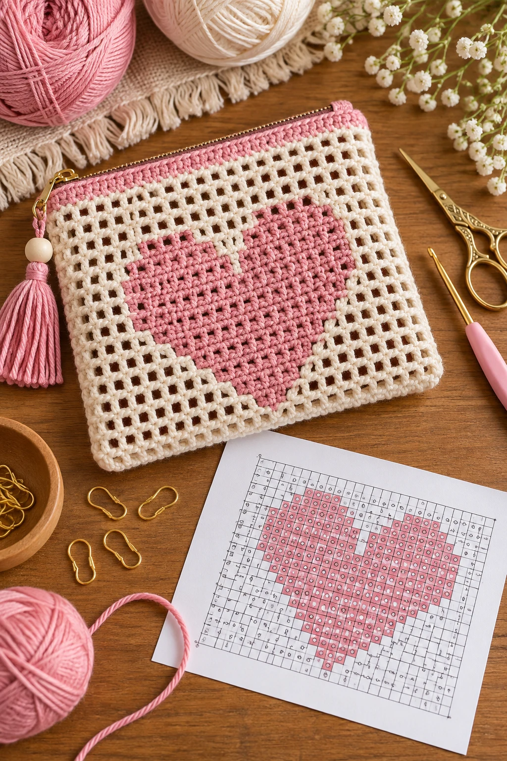 Filet Crochet Pouch Pattern With a Heart Chart — filet crochet bag style outfit
