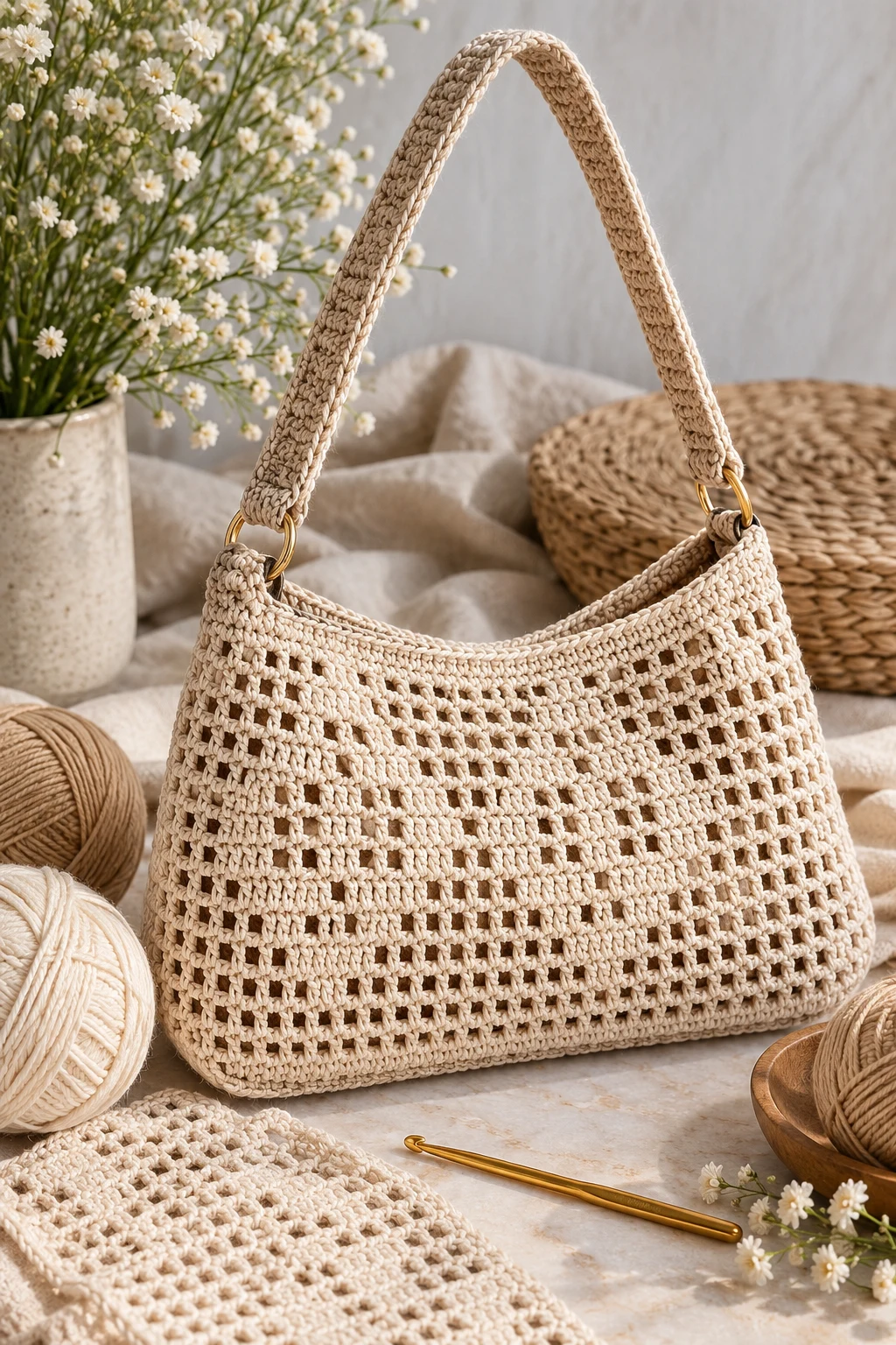 Designer-Style Neutral Shoulder Bag — filet crochet bag style outfit