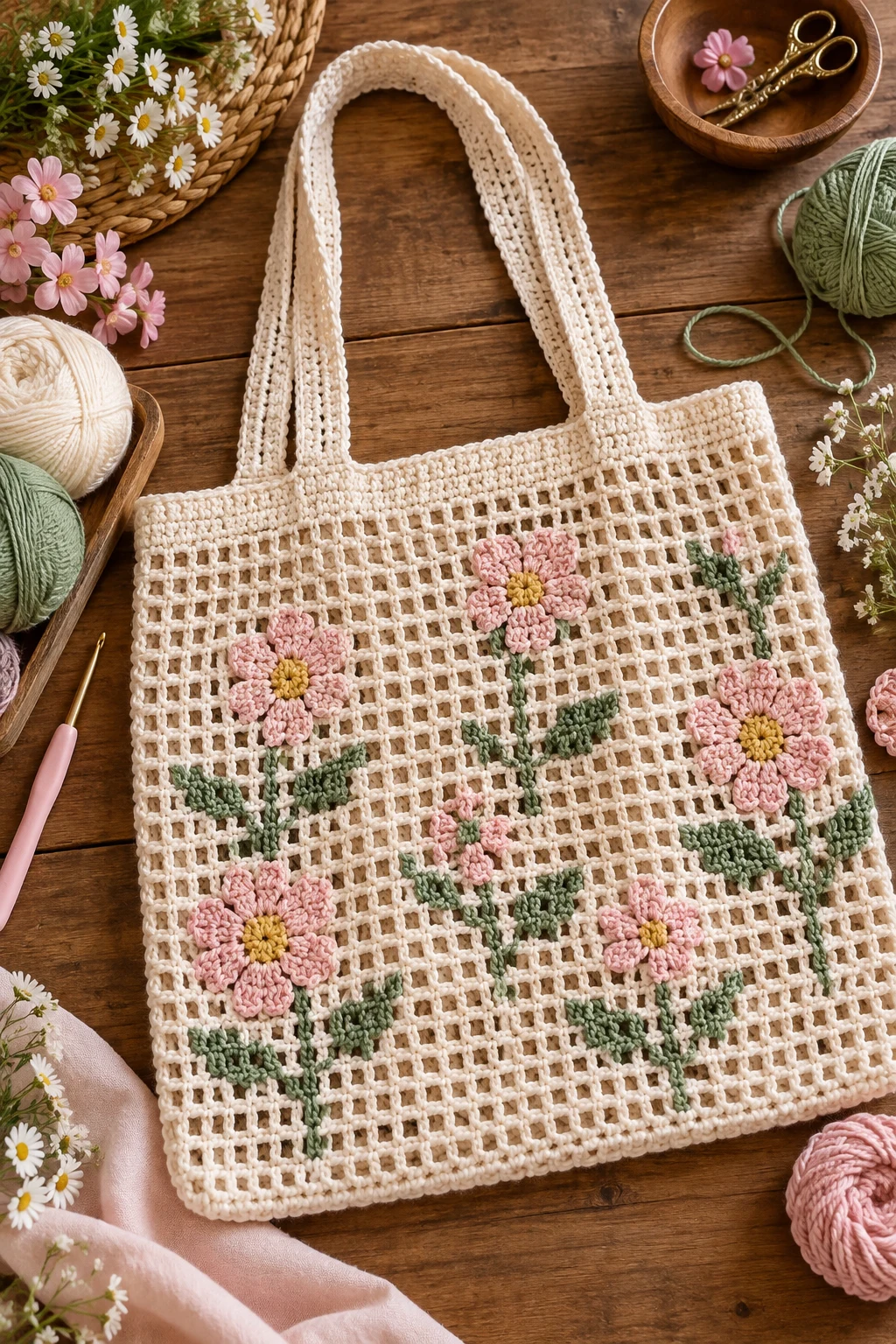 Romantic Filet Crochet Bag With Flowers — filet crochet bag style outfit