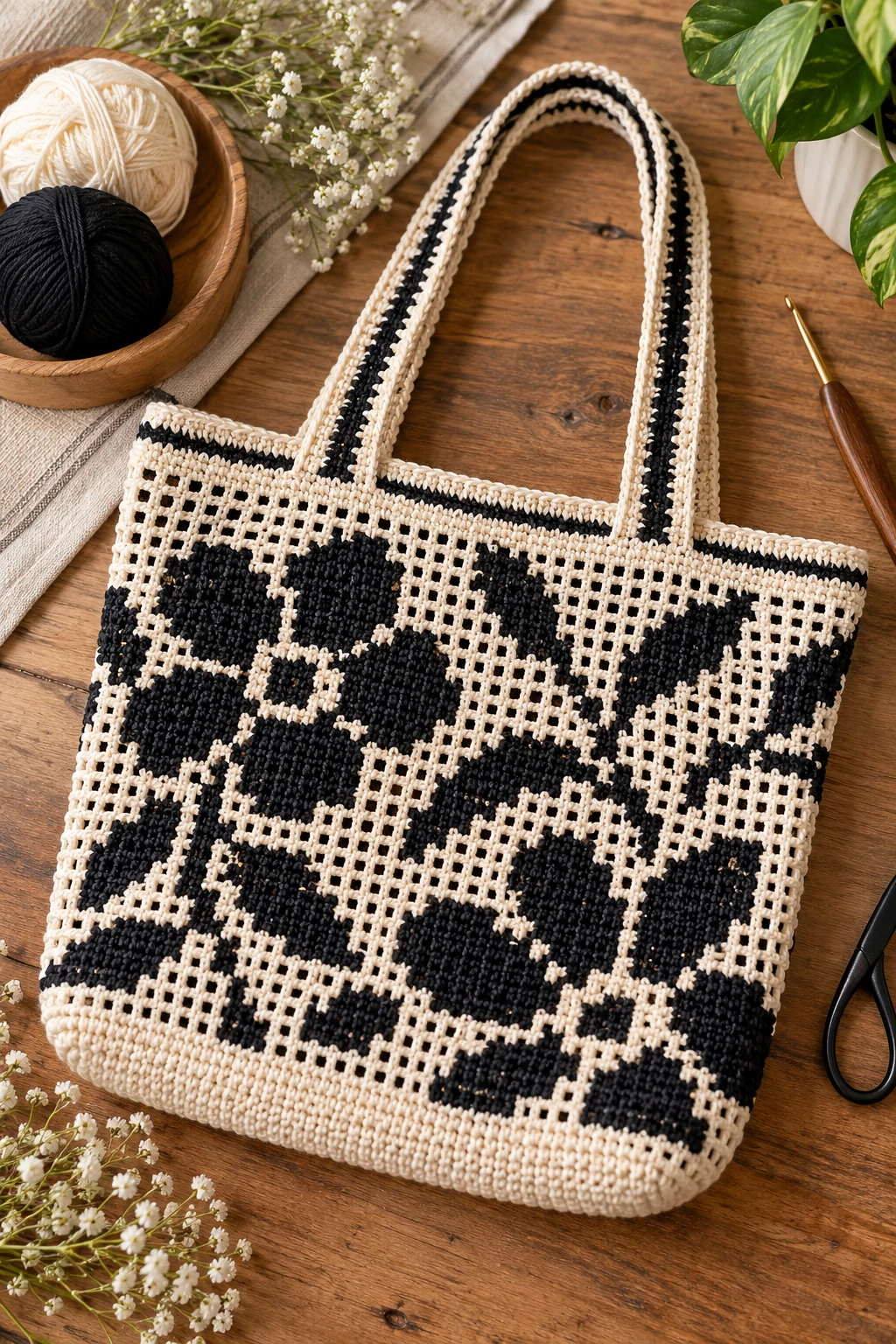Black-and-Cream Graphic Tote — filet crochet bag style outfit