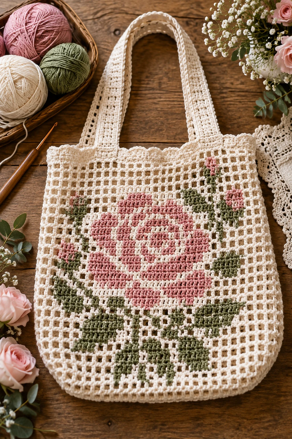 Vintage-Inspired Rose Market Bag — filet crochet bag style outfit