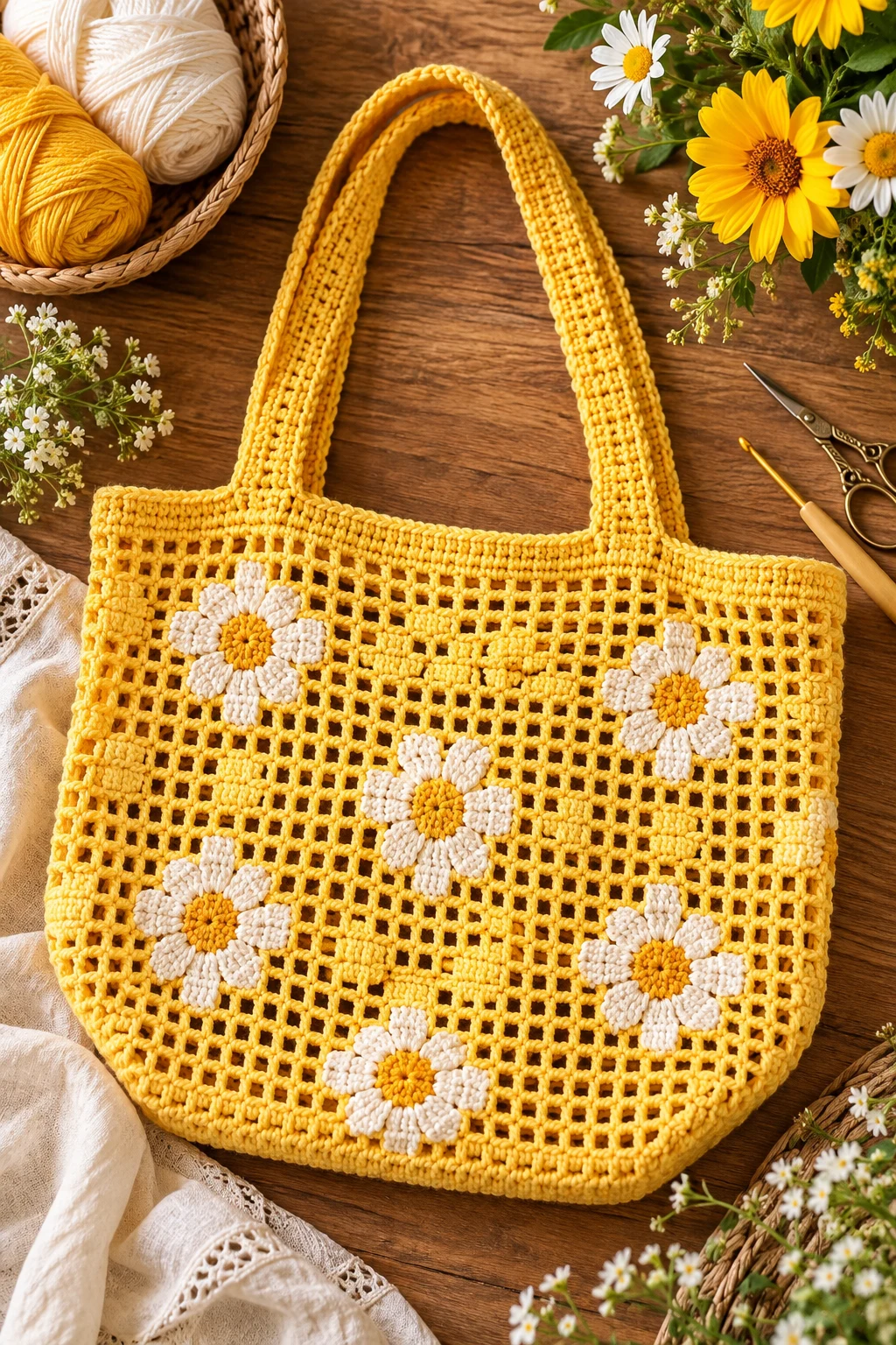 Sunny Yellow Flower Tote — filet crochet bag style outfit