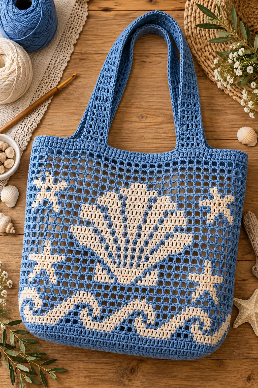 Coastal Blue Filet Crochet Tote — filet crochet bag style outfit