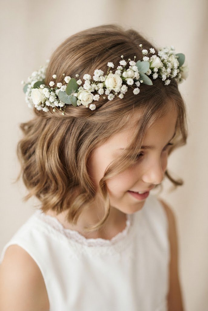 The Dainty Floral Halo — First Communion hairstyles for short hair style outfit