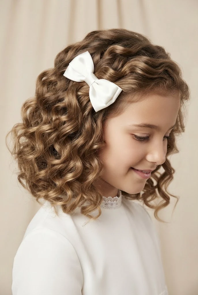 Textured Curls with a Satin Bow Clip — First Communion hairstyles for short hair style outfit