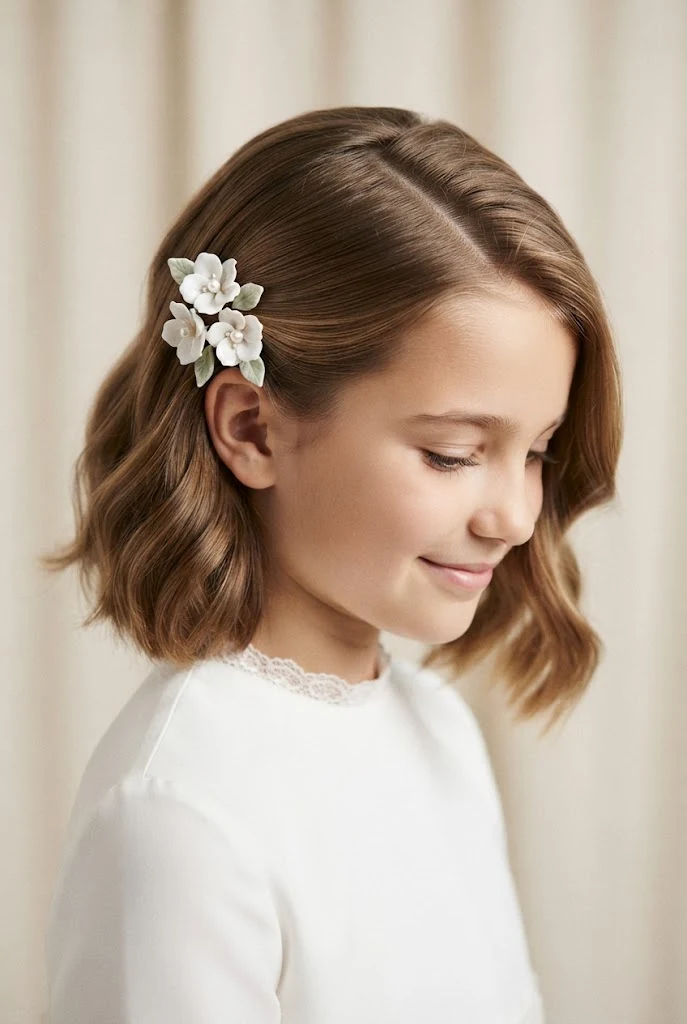 Pinned-Back Side Sweeps with Flower Pins — First Communion hairstyles for short hair style outfit