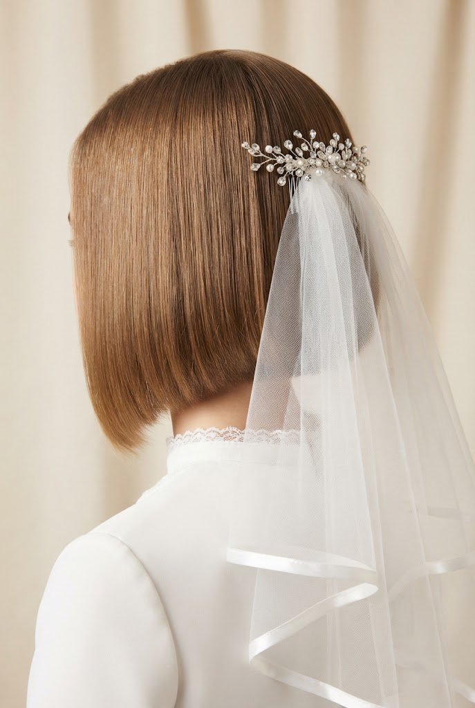 The Angled Bob with a Delicate Veil Comb — First Communion hairstyles for short hair style outfit