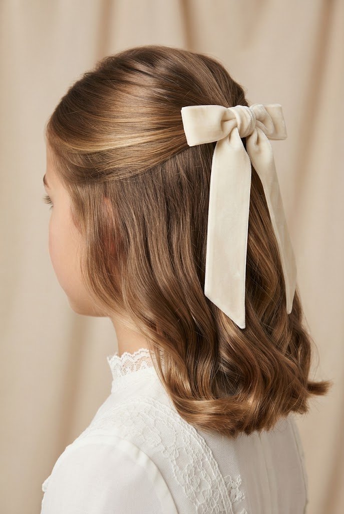 The Classic Velvet Bow Half-Up — First Communion hairstyles for short hair style outfit