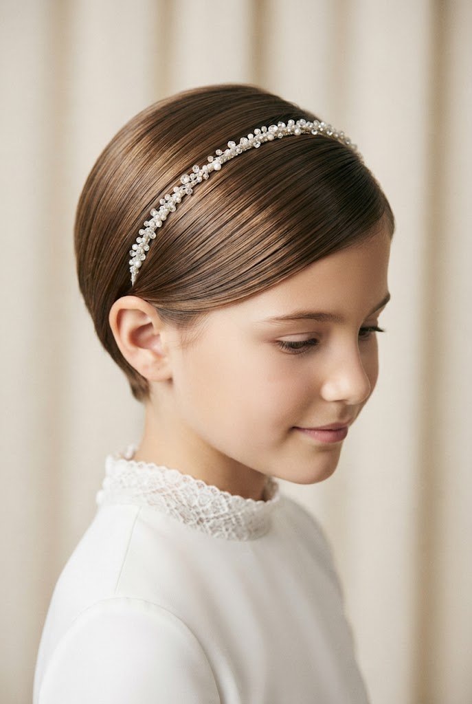 Polished Pixie with a Crystal Headband — First Communion hairstyles for short hair style outfit