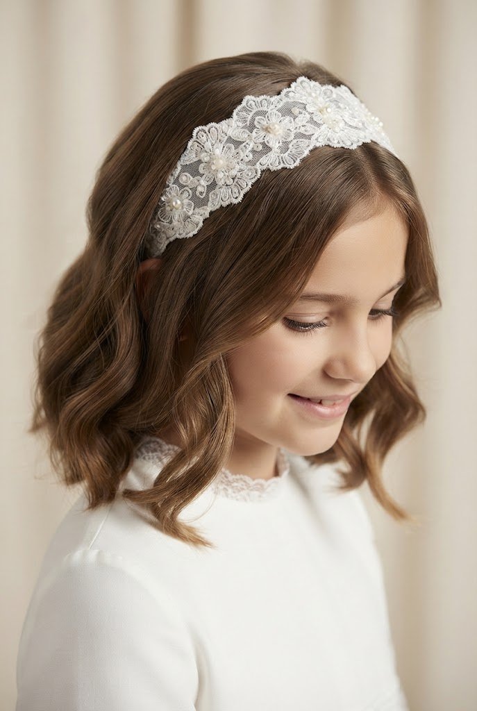 Delicate Lace Headband with Soft Waves — First Communion hairstyles for short hair style outfit