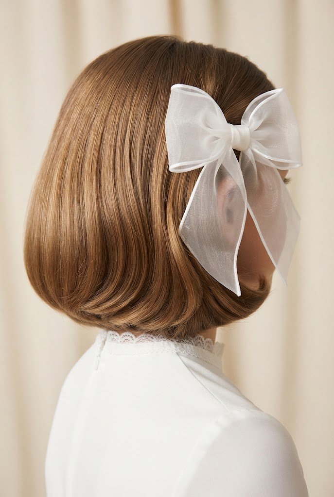 Bouncy Bob with an Organza Bow — First Communion hairstyles for short hair style outfit