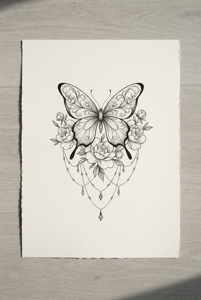 The Dainty Peony and Swallowtail — floral butterfly tattoo style outfit