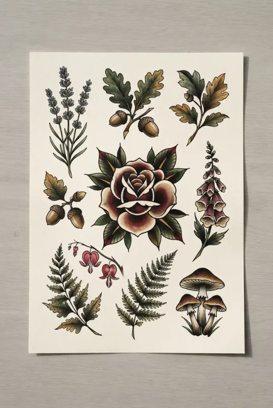 Vintage Botanical Flash Sheet Piece — floral butterfly tattoo style outfit