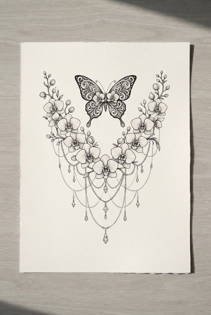 Draped Orchid and Crystal Charm — floral butterfly tattoo style outfit